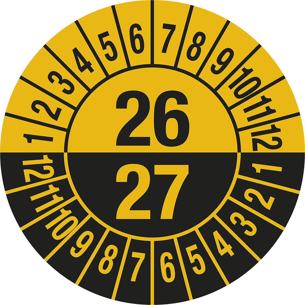 Test placard, multiple years, document film, Ø 25 mm, pack of 10, 26/27, yellow.