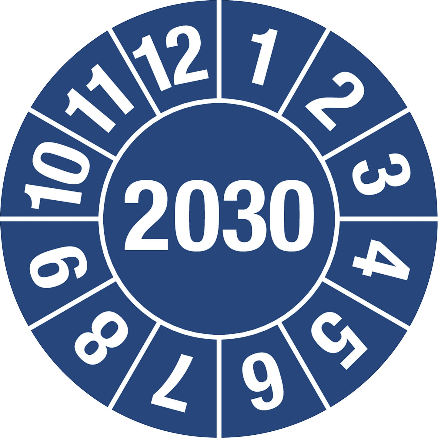 Test placard, 4 digit year, document film, Ø 25 mm, pack of 10, 2030, blue.