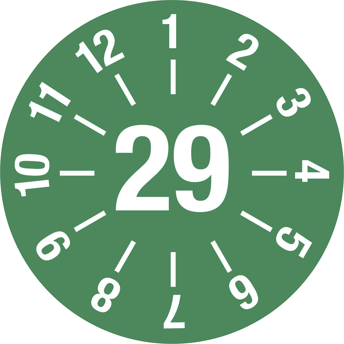 Test placard, year, document film, Ø 25 mm, pack of 10, 29, green.