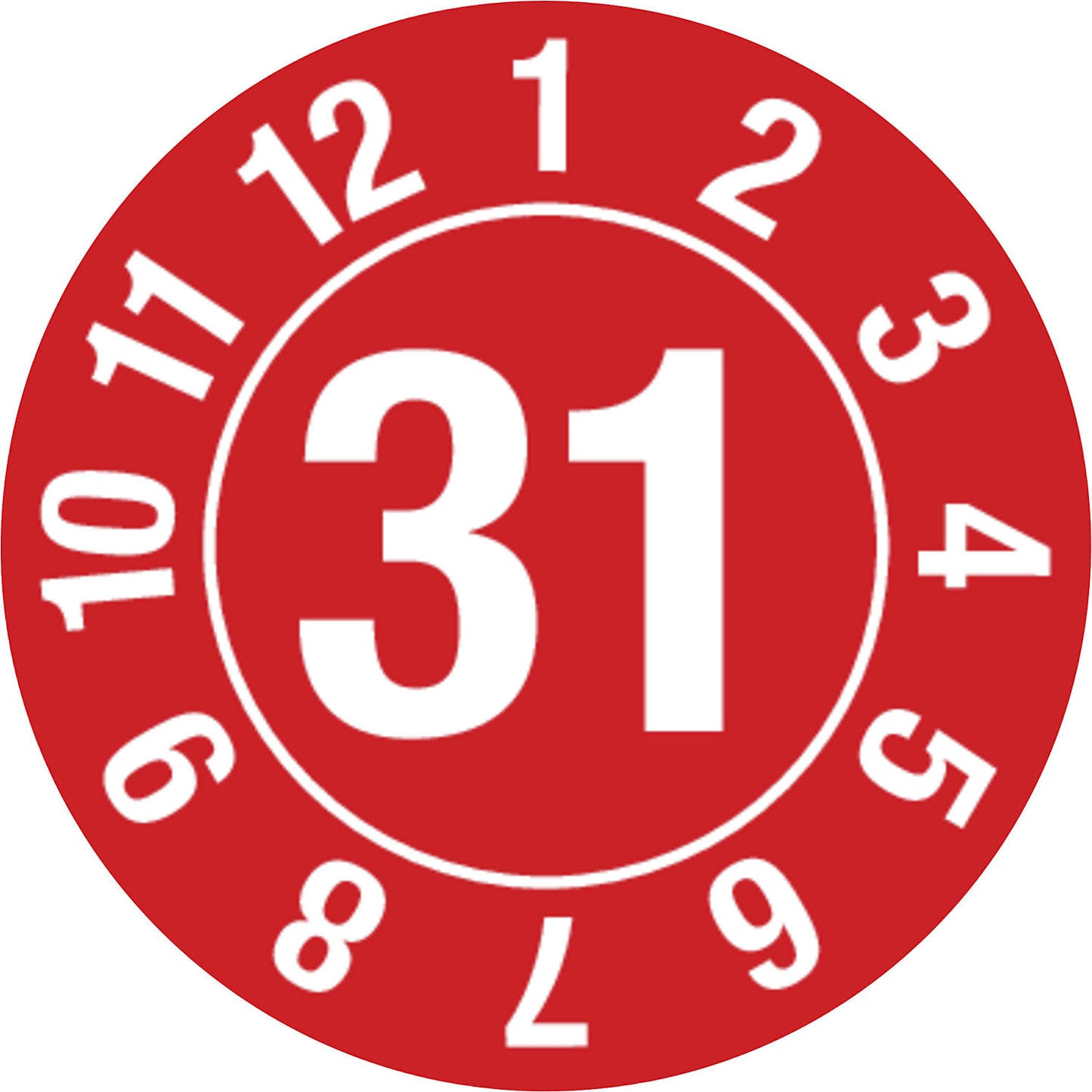 Test placard, year, document film, in a circle, Ø 10 mm, 31, red.