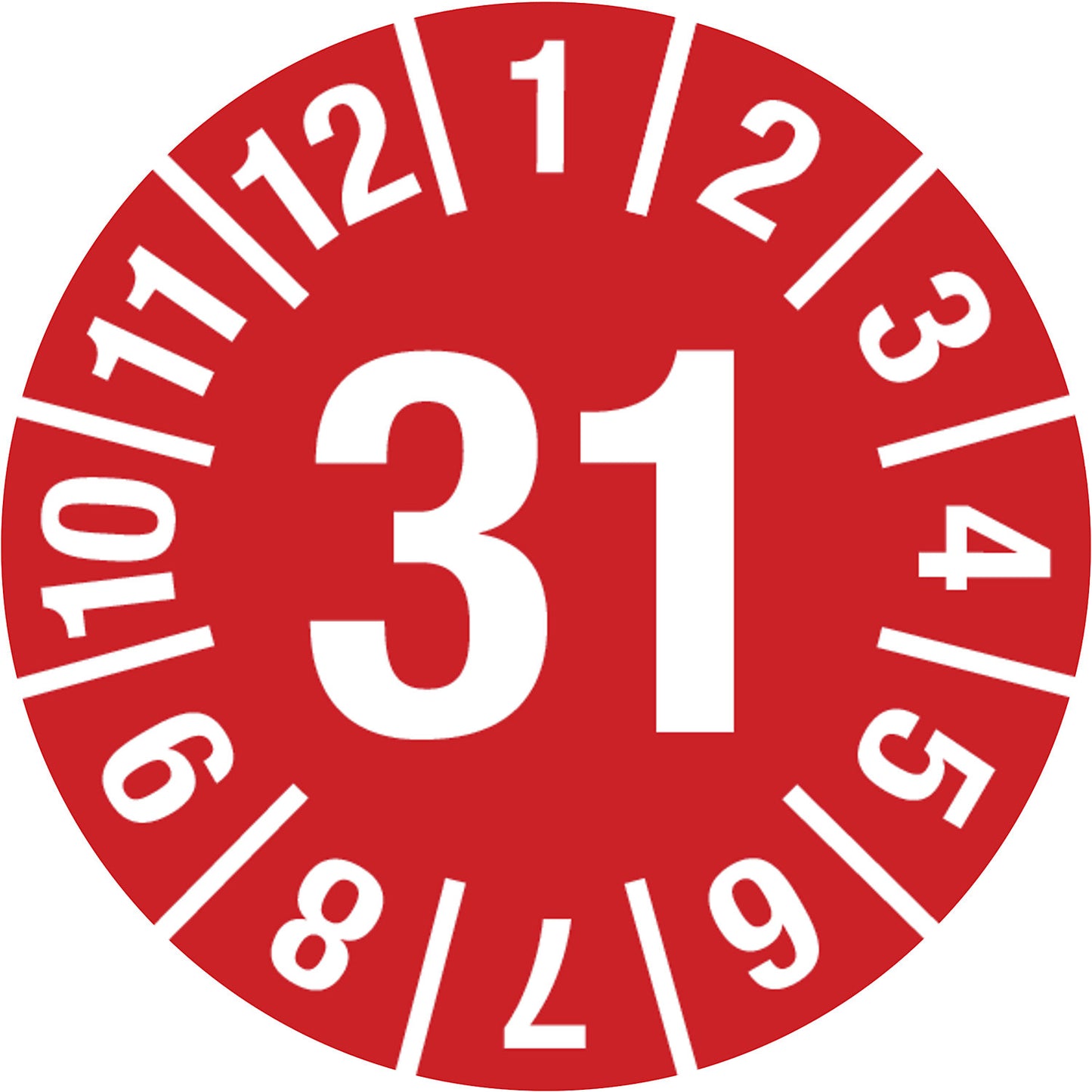 Test placard, year, document film, Ø 15 mm, 31, red.