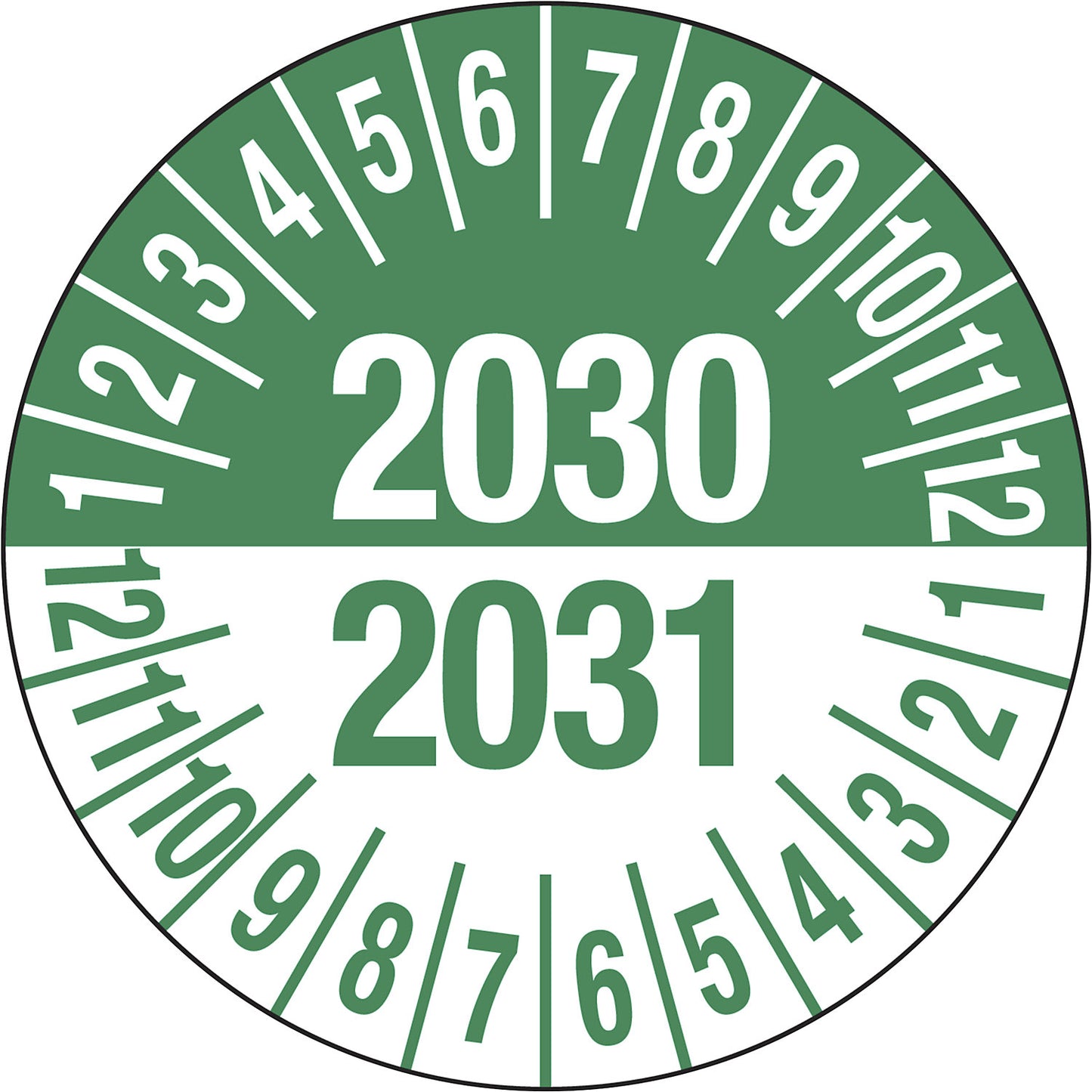 Test placard, multiple years, green, document film, Ø 35 mm, pack of 10, 2030/2031.
