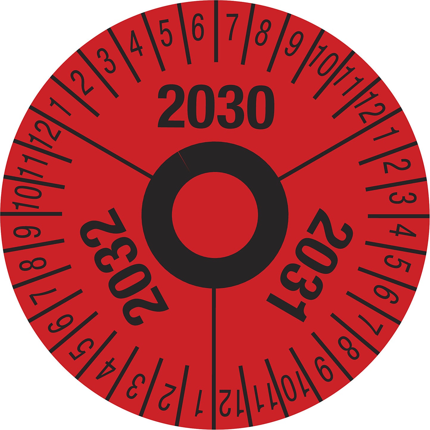 Test placard, multiple years, red, film, Ø 40 mm, pack of 10, 2030 - 2032.