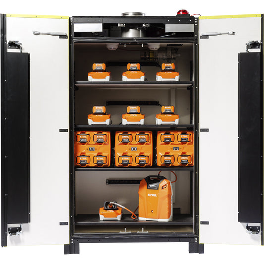 Battery charging cabinet LOXK2000 VDMA, HxWxD 2040 x 1142 x 765 mm, 4 x 8-compartment trailing socket.