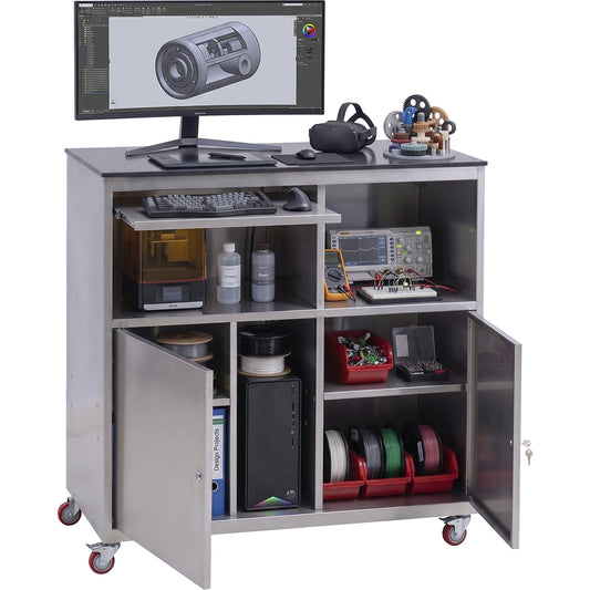 Stainless steel PC desk, HxWxD 1184 x 1180 x 590 mm, 2 doors, 2 open compartments.