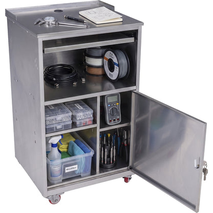 Stainless steel PC desk, HxWxD 1170 x 690 x 590 mm, 1 door, 1 open compartment.