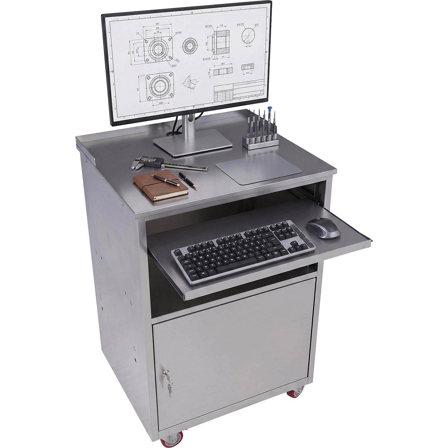 Stainless steel PC desk, HxWxD 1170 x 690 x 590 mm, 1 door, 1 open compartment.