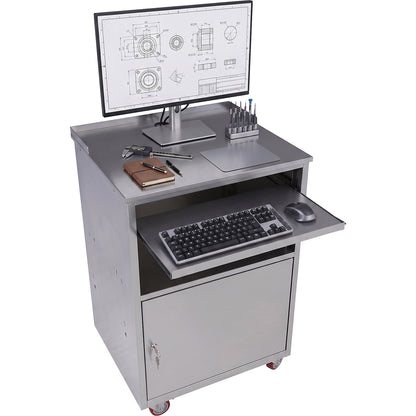 Stainless steel PC desk, HxWxD 1170 x 690 x 590 mm, 1 door, 1 open compartment.