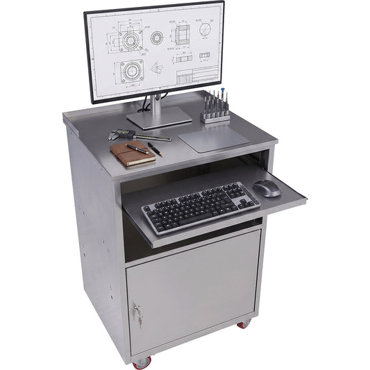 Stainless steel PC desk, HxWxD 1170 x 690 x 590 mm, 1 door, 1 open compartment.