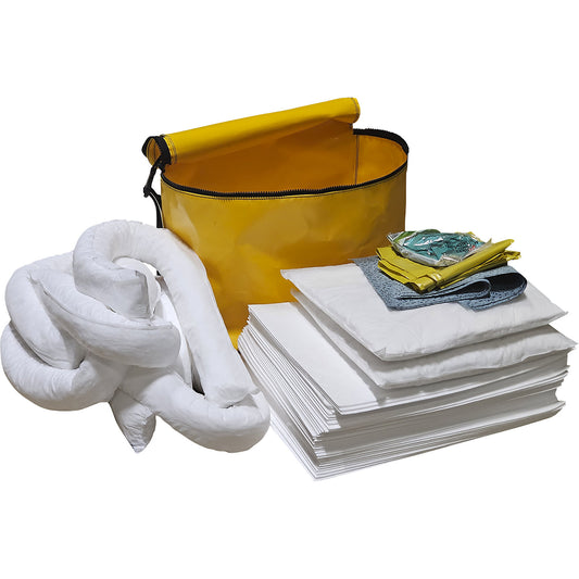 Emergency spill kit in PVC bag, absorption 75 l, oil model, white.
