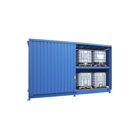 Hazardous goods shelf container for passive storage, HxWxD 3575 x 5580 x 1530 mm, capacity 8 x 1000-l-IBC/KTC.