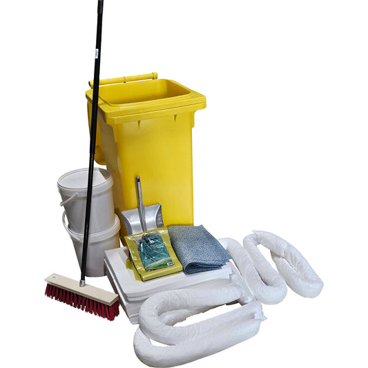 Emergency spill kit in a plastic drum, absorption 100 l, oil model, white.