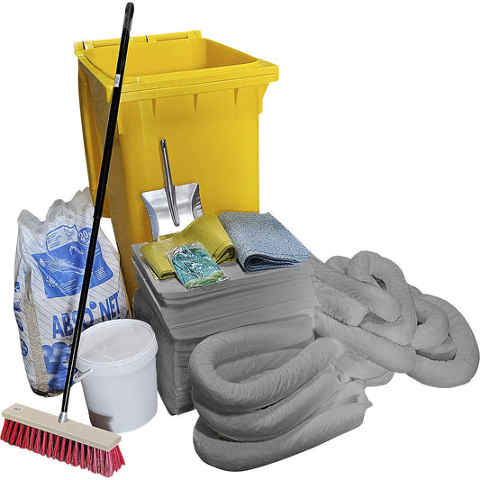 Emergency spill kit in a plastic drum, absorbency 300 l, universal model, grey.