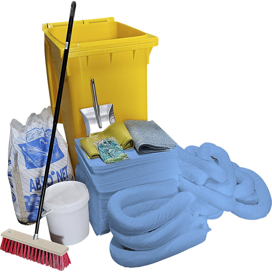 Emergency spill kit in a plastic drum, absorbency 300 l, oil model, blue.