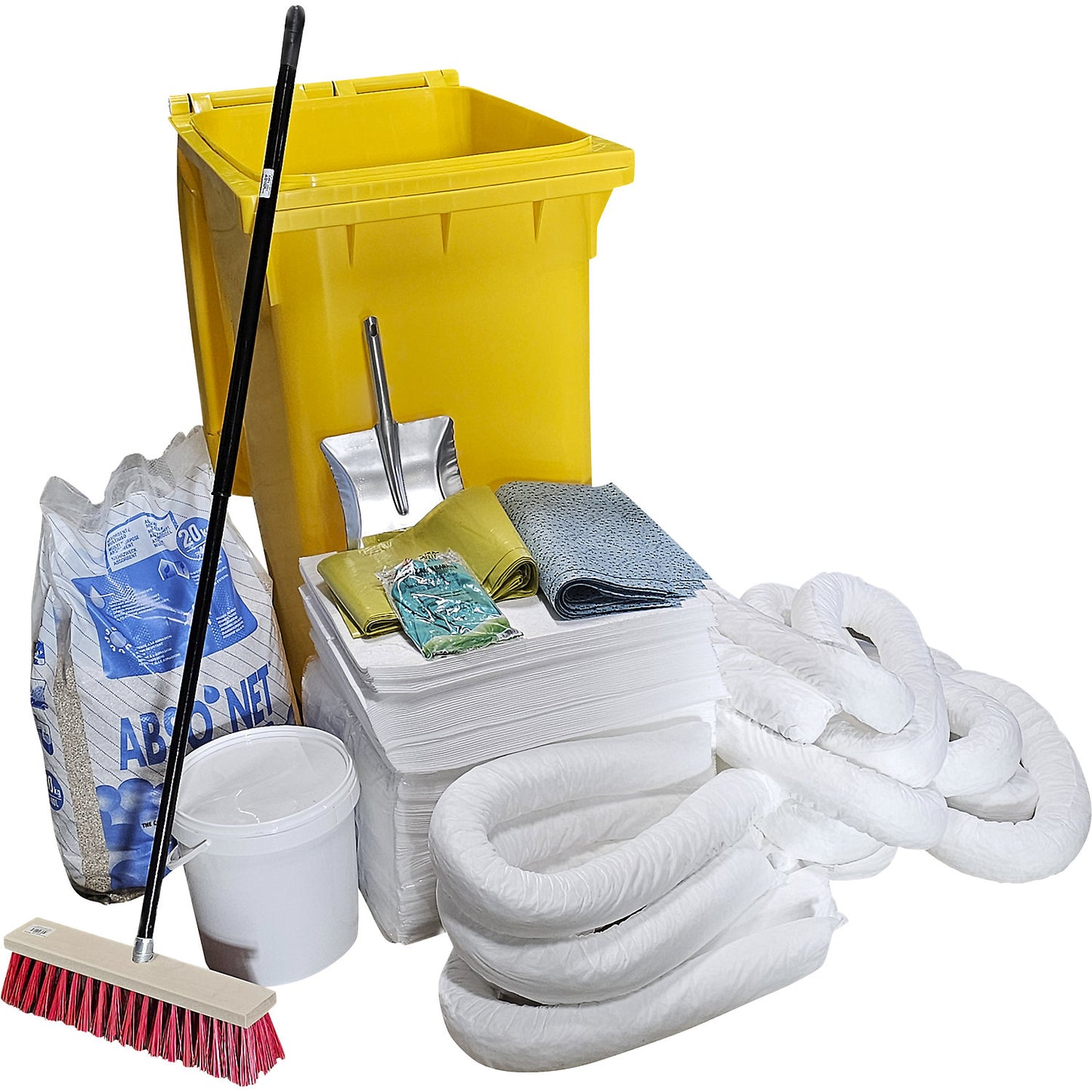 Emergency spill kit in a plastic drum, absorbency 300 l, oil model, white.