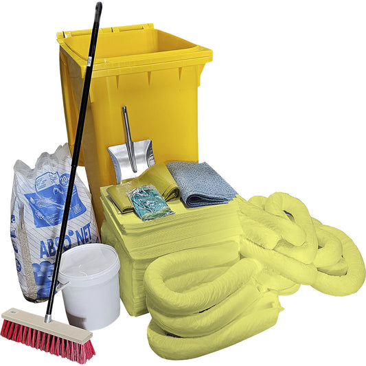 Emergency spill kit in a plastic drum, absorbency 300 l, chemicals model, yellow.