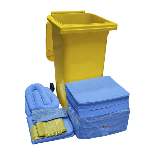 Emergency spill kit in a plastic drum, absorbency 200 l, oil model, blue.