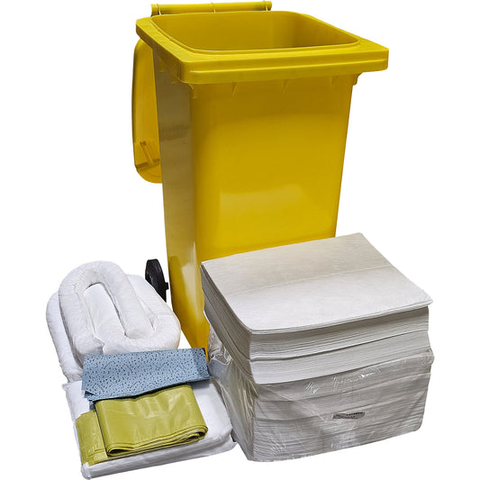 Emergency spill kit in a plastic drum, absorbency 200 l, oil model, white.