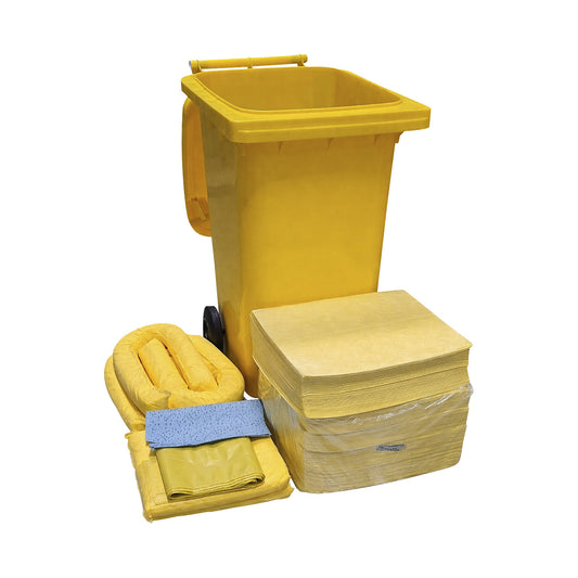 Emergency spill kit in a plastic drum, absorbency 200 l, chemicals model, yellow.