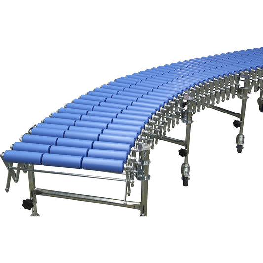 Flexible roller conveyor, track length 2700 - 6200 mm, track width 600 mm, 4 support feet.