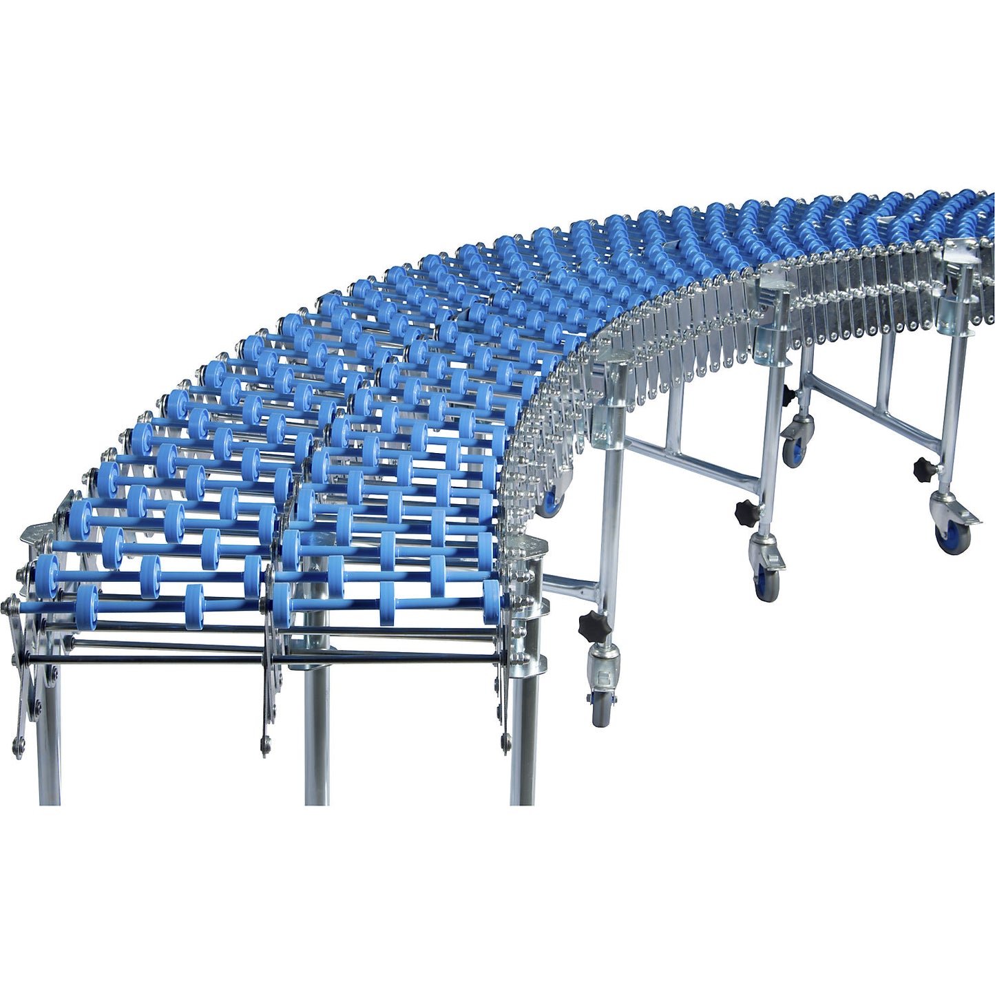 Flexible skate wheel conveyor, track L 1700 - 6300 mm, track W 600 mm, plastic, 4 support feet.