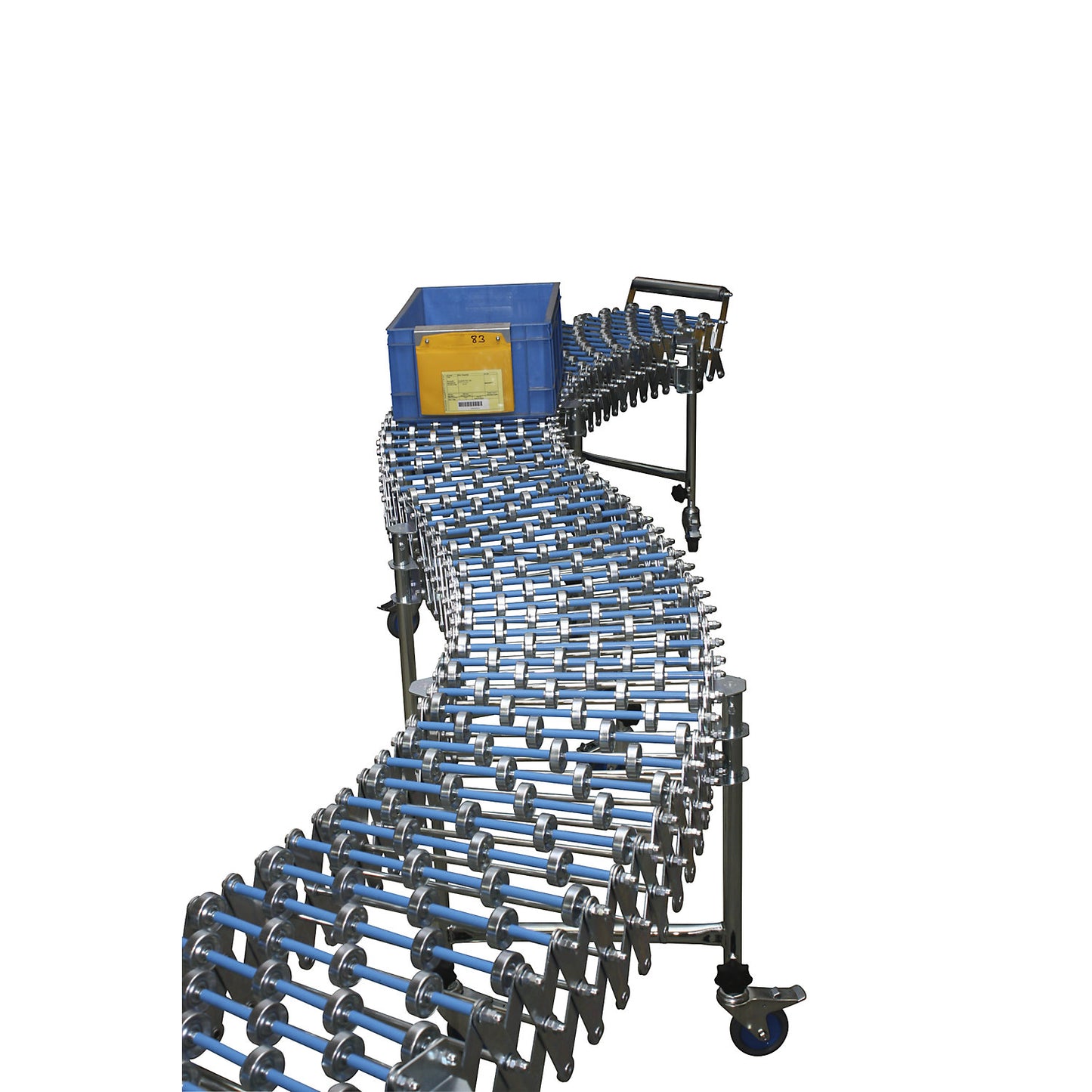 Flexible skate wheel conveyor, track L 1700 - 6300 mm, track W 600 mm, steel, 5 support feet.