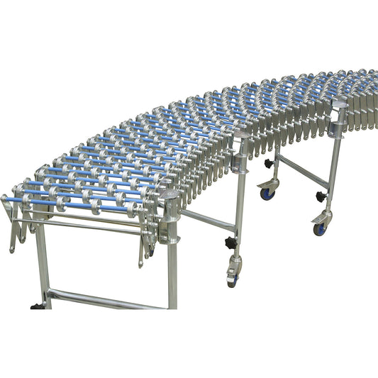 Flexible skate wheel conveyor, track L 1700 - 6300 mm, track W 600 mm, steel, 5 support feet.