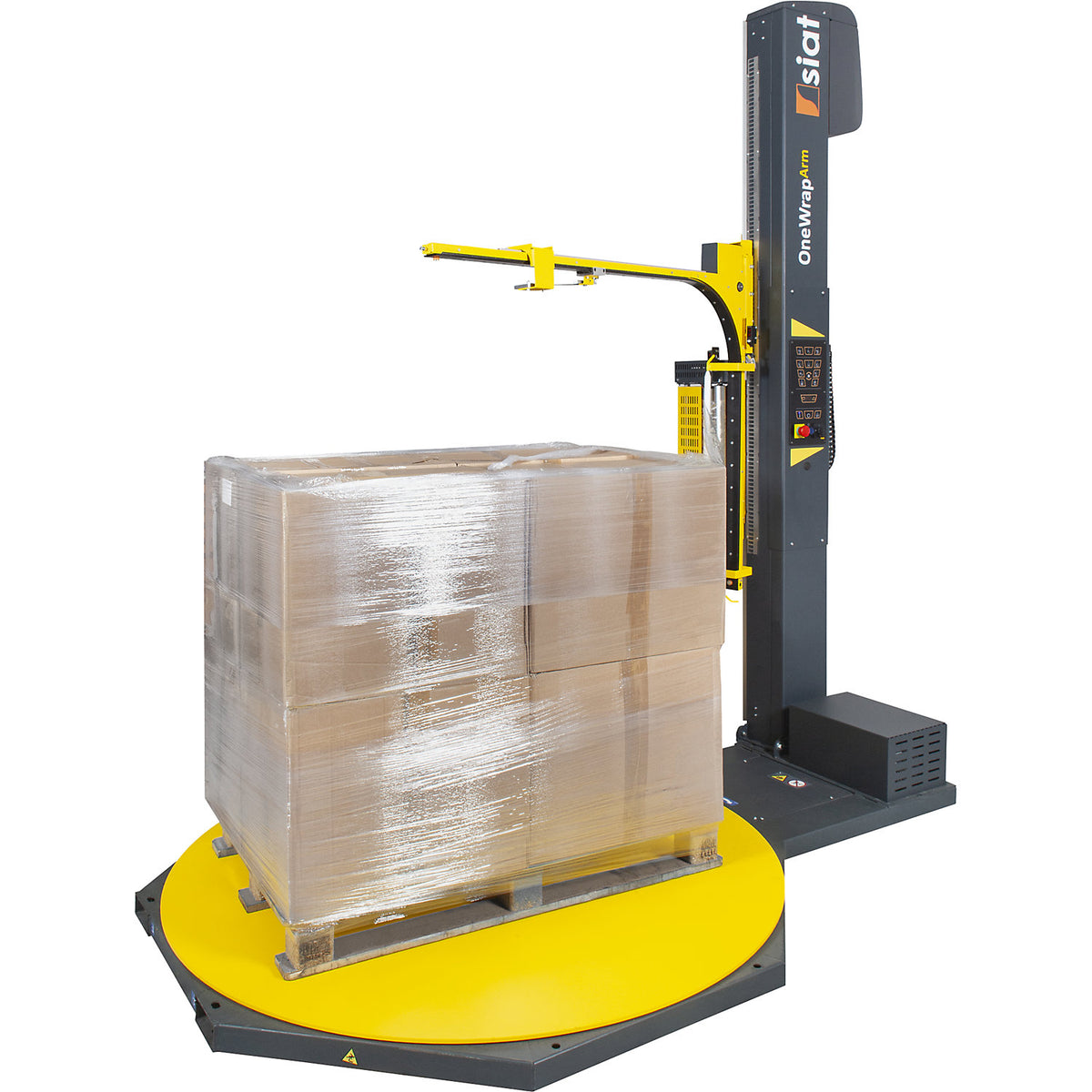 OnewrapArm pallet wrapper, HxWxD 2730 x 2690 x 1650 mm, with turntable.