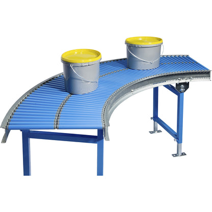 Small roller conveyor, plastic rollerss, track width 200 mm, 90° curve, inner radius 800 mm.