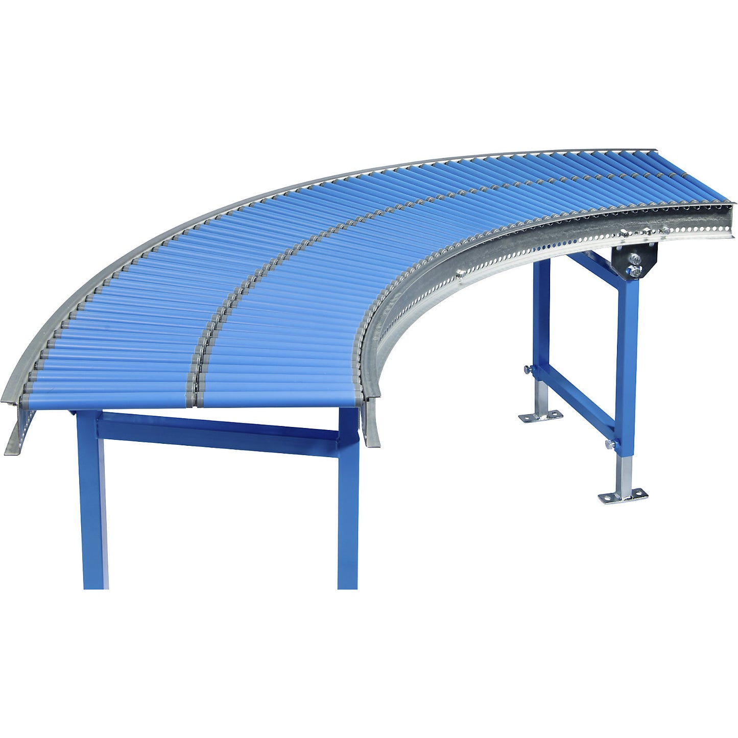 Small roller conveyor, plastic rollerss, track width 200 mm, 90° curve, inner radius 800 mm.