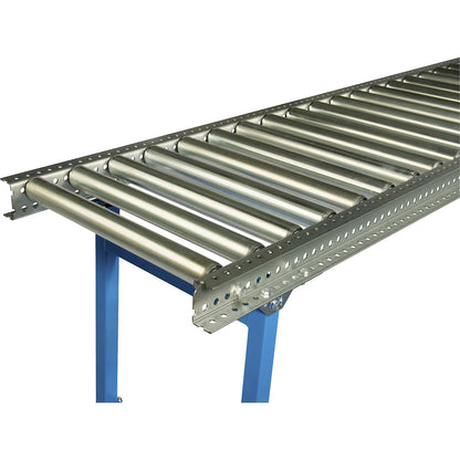 Roller conveyor, zinc plated steel rollers, track width 400 mm, axle spacing 62,5 mm, length 1000 mm.