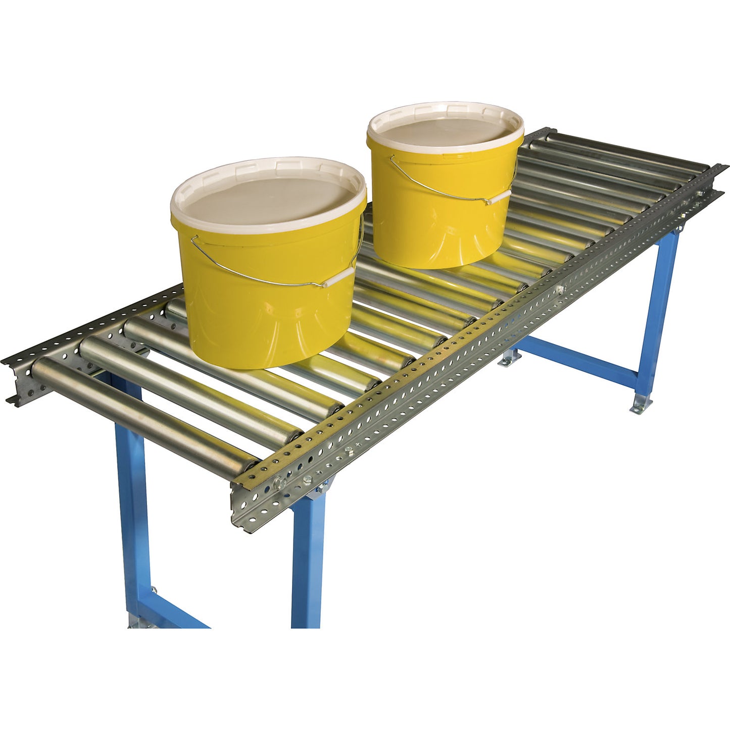 Roller conveyor, zinc plated steel rollers, track width 300 mm, axle spacing 125 mm, length 1500 mm.