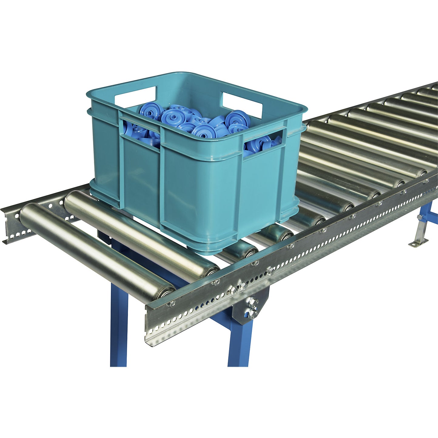 Light-duty roller conveyor, aluminium rollers, track width 600 mm, axle spacing 62,5 mm, length 2000 mm.