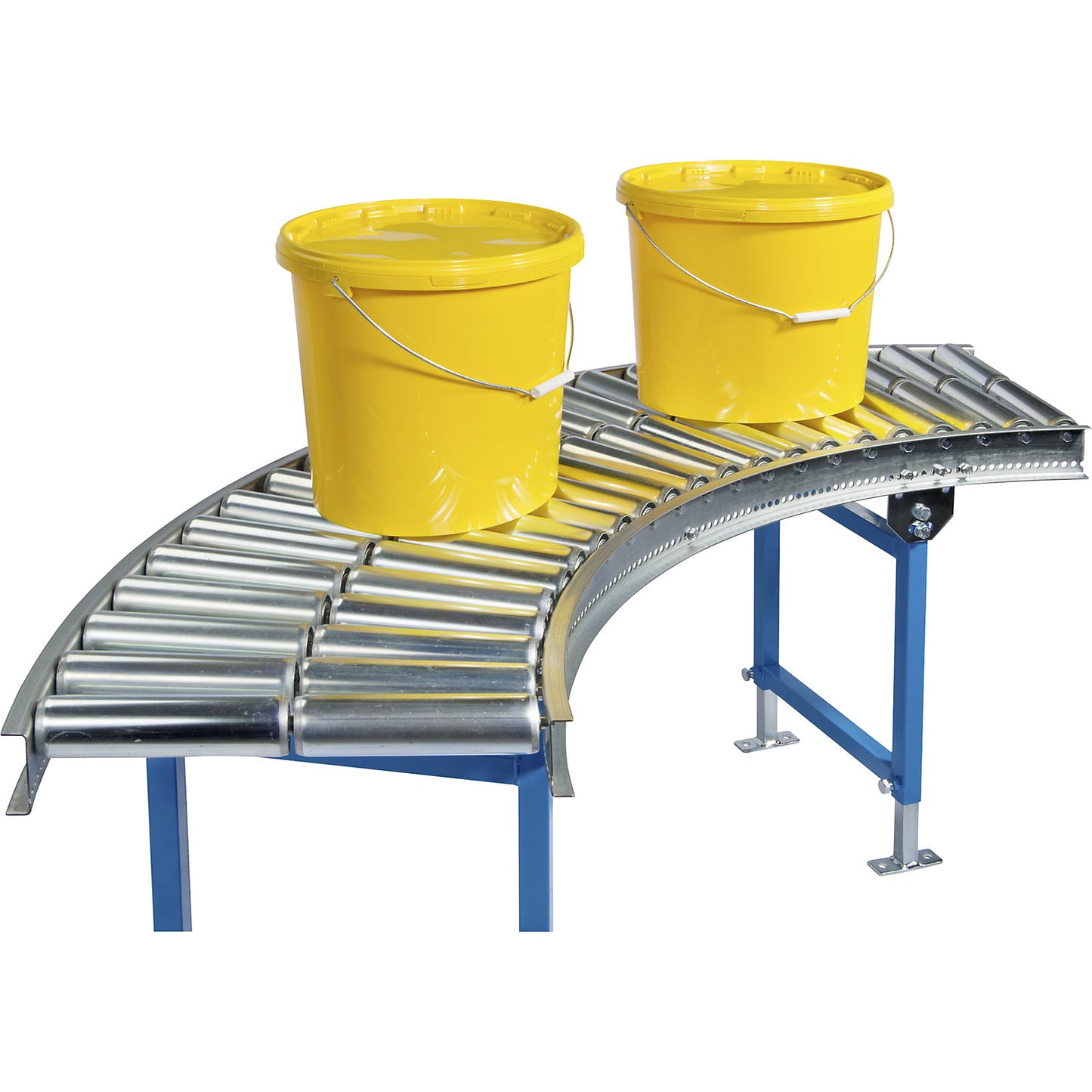 Light-duty roller conveyor, aluminium rollers, track width 300 mm, 90° curve, axle spacing 75 mm.