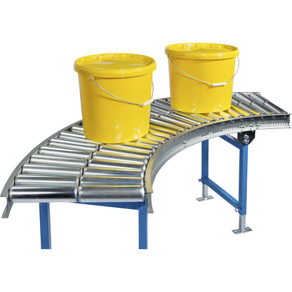 Light-duty roller conveyor, aluminium rollers, track width 500 mm, 90° curve, axle spacing 75 mm.