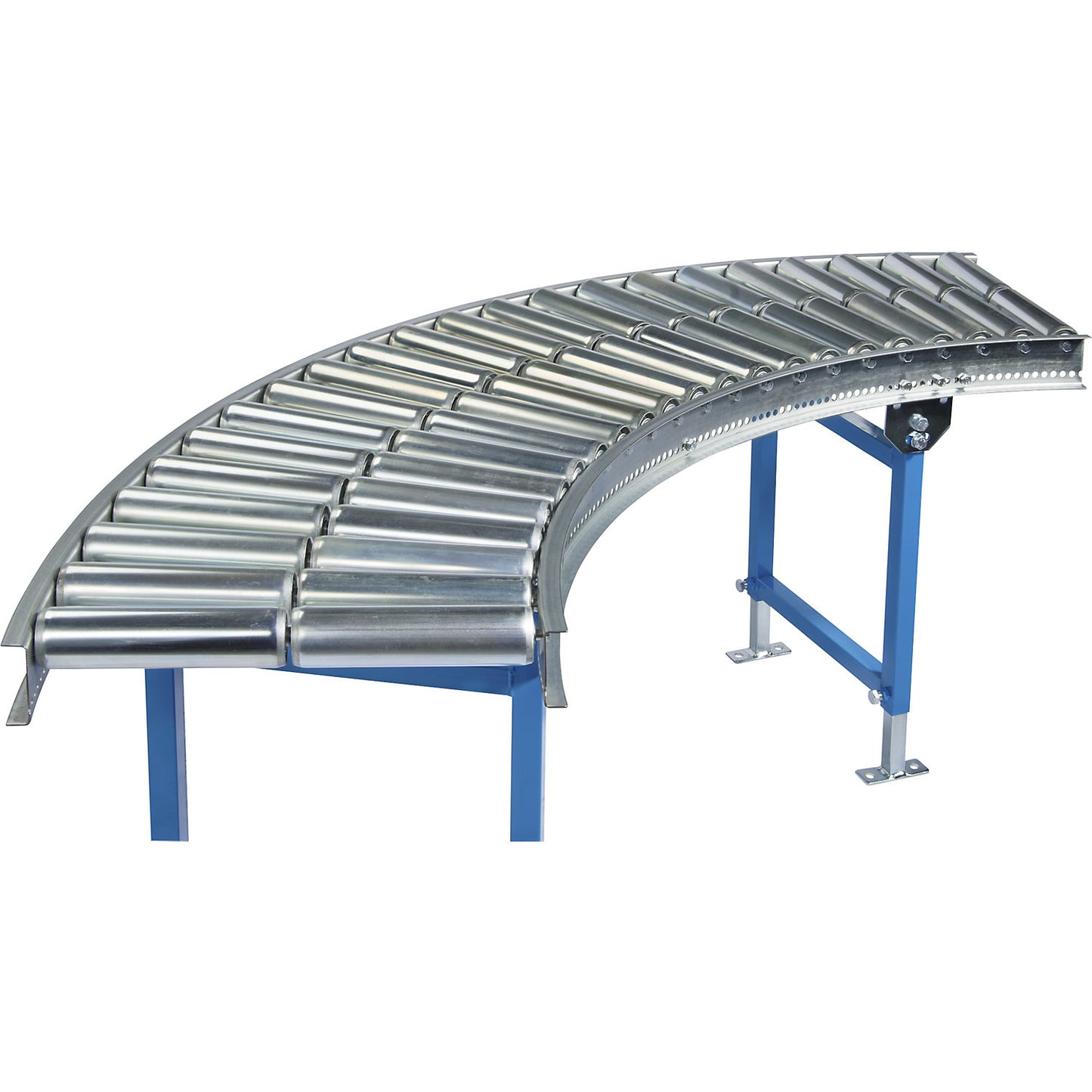 Light-duty roller conveyor, aluminium rollers, track width 600 mm, 90° curve, axle spacing 100 mm.