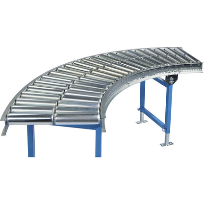 Light-duty roller conveyor, aluminium rollers, track width 500 mm, 90° curve, axle spacing 75 mm.