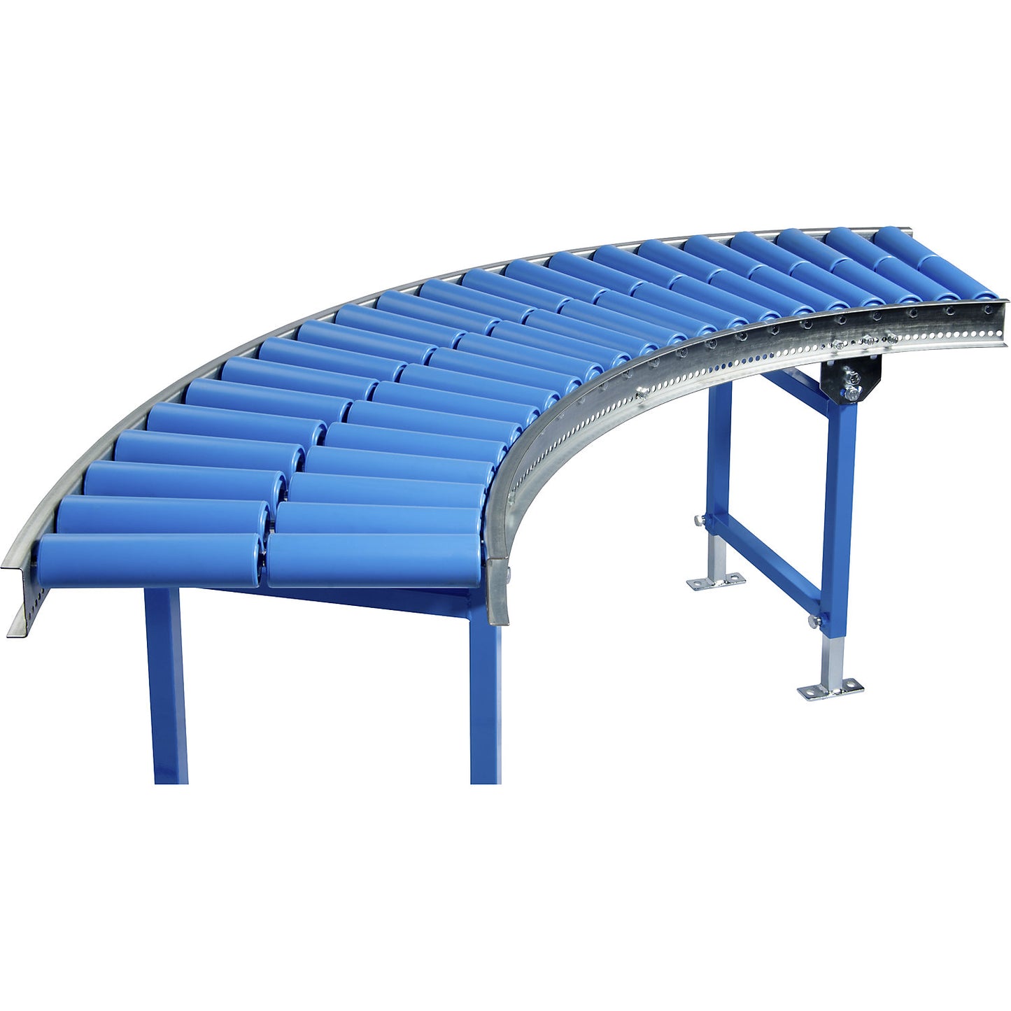 Lightweight roller conveyor, steel with plastic rollers, track width 500 mm, 90° curve, axle spacing 100 mm.