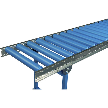 Lightweight roller conveyor, steel with plastic rollers, track width 500 mm, axle spacing 100 mm, length 1000 mm.