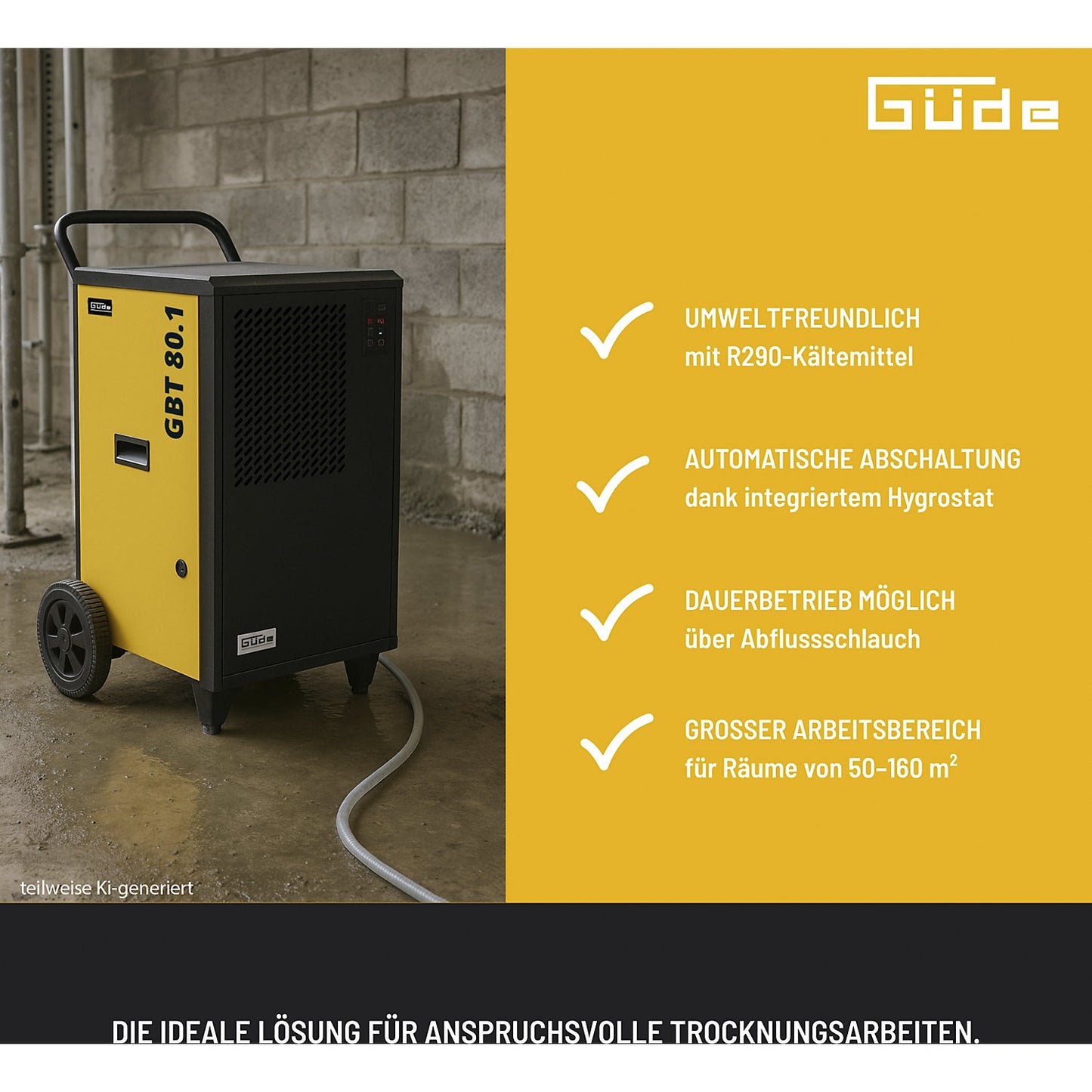 Dehumidifier GBT 80.1, for room sizes of 50 - 160 m², HxWxD 940 x 570 x 550 mm.