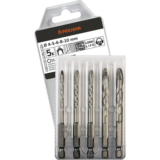 Roof tile drill bit, 1/4'' 6-point hexagonal holder, 5 parts.