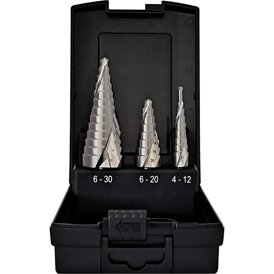 Step drill set HSS-Co 5% ECO, with spiral groove, 3 parts.