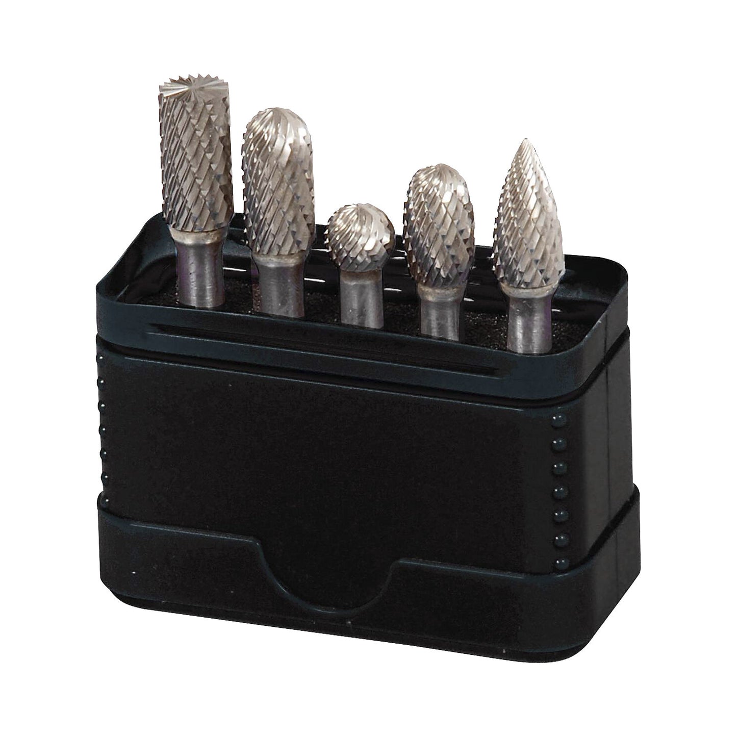 Carbide rotary burr set, shape B - C - D - E - G, in plastic box, 5 parts.