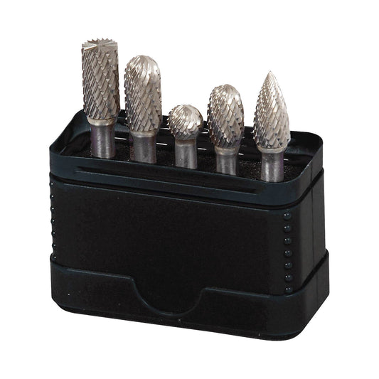 Carbide rotary burr set, shape B - C - D - E - G, in plastic box, 5 parts.
