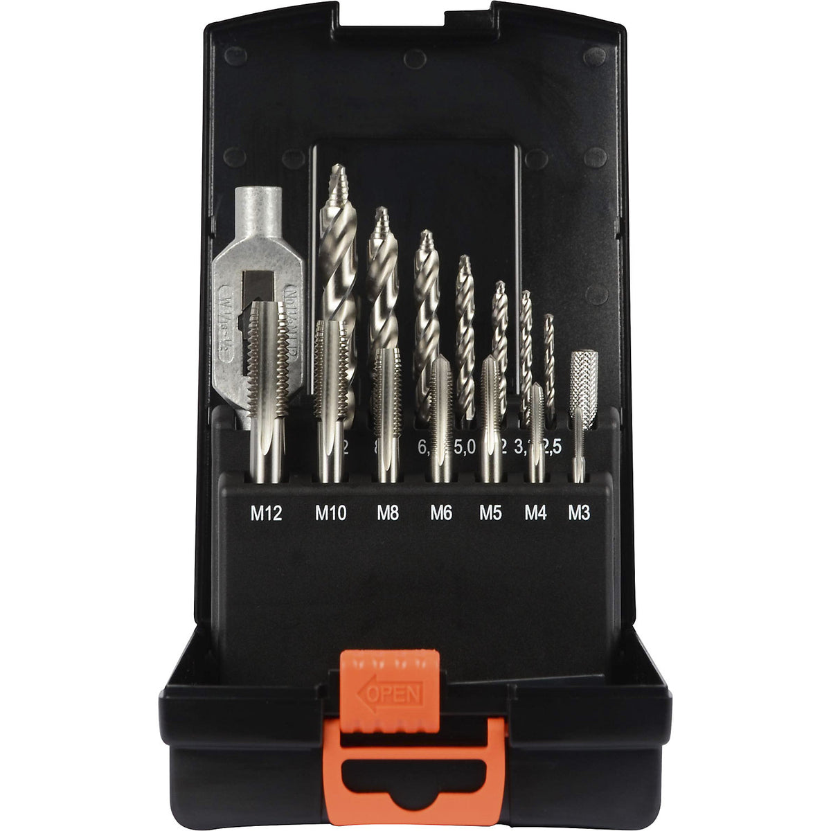 Single-cut tap and drill bit set PROSTEP, in plastic cassette, 15 parts.