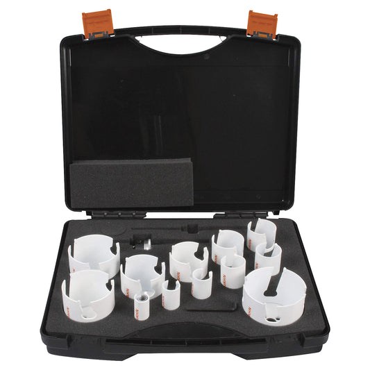 Carbide hole saw set, for hollow bricks and soft tiles, 18 parts.