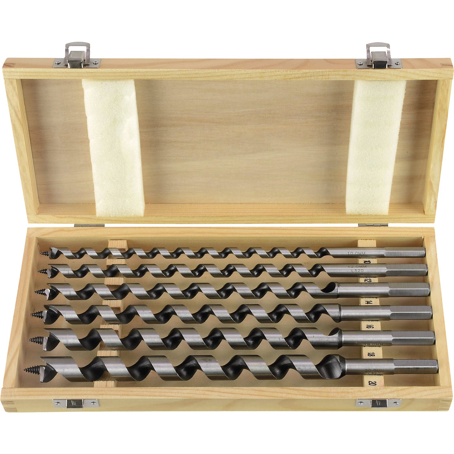 Auger bit set, in a wooden case, length 320 mm.