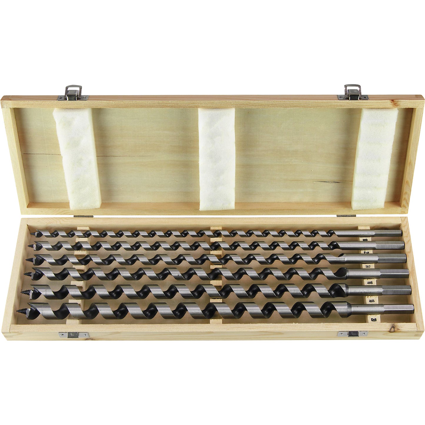 Auger bit set, in a wooden case, length 460 mm.