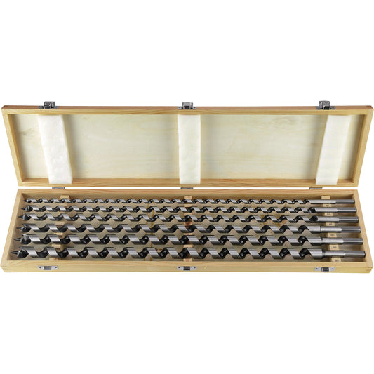 Auger bit set, in a wooden case, length 600 mm.