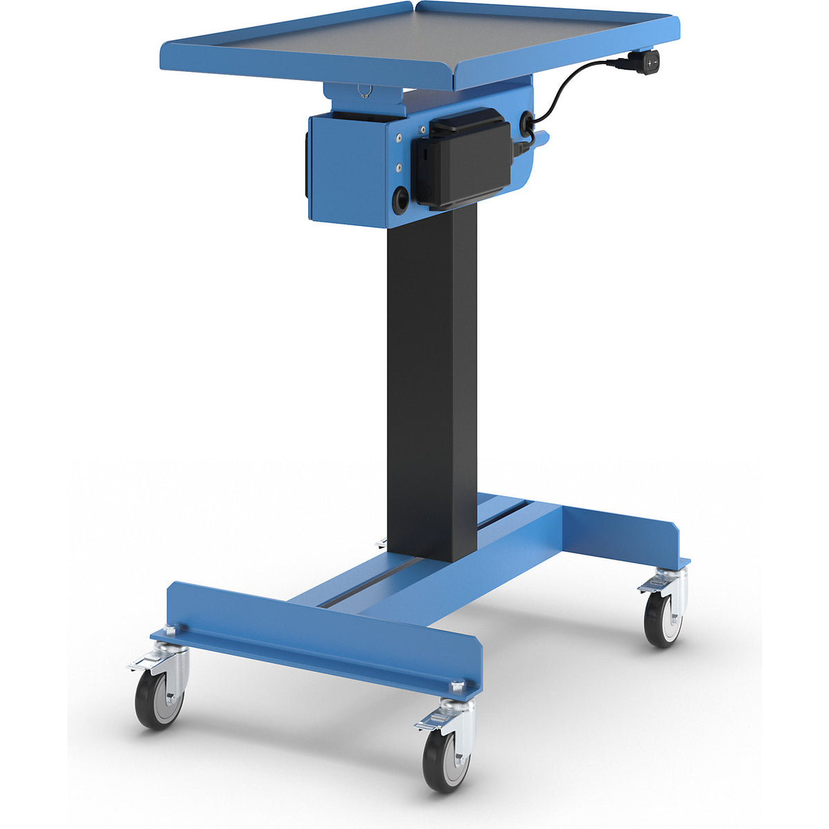Electric material stand, height 770 - 1270 mm, platform LxW 600 x 400 mm, with tray.